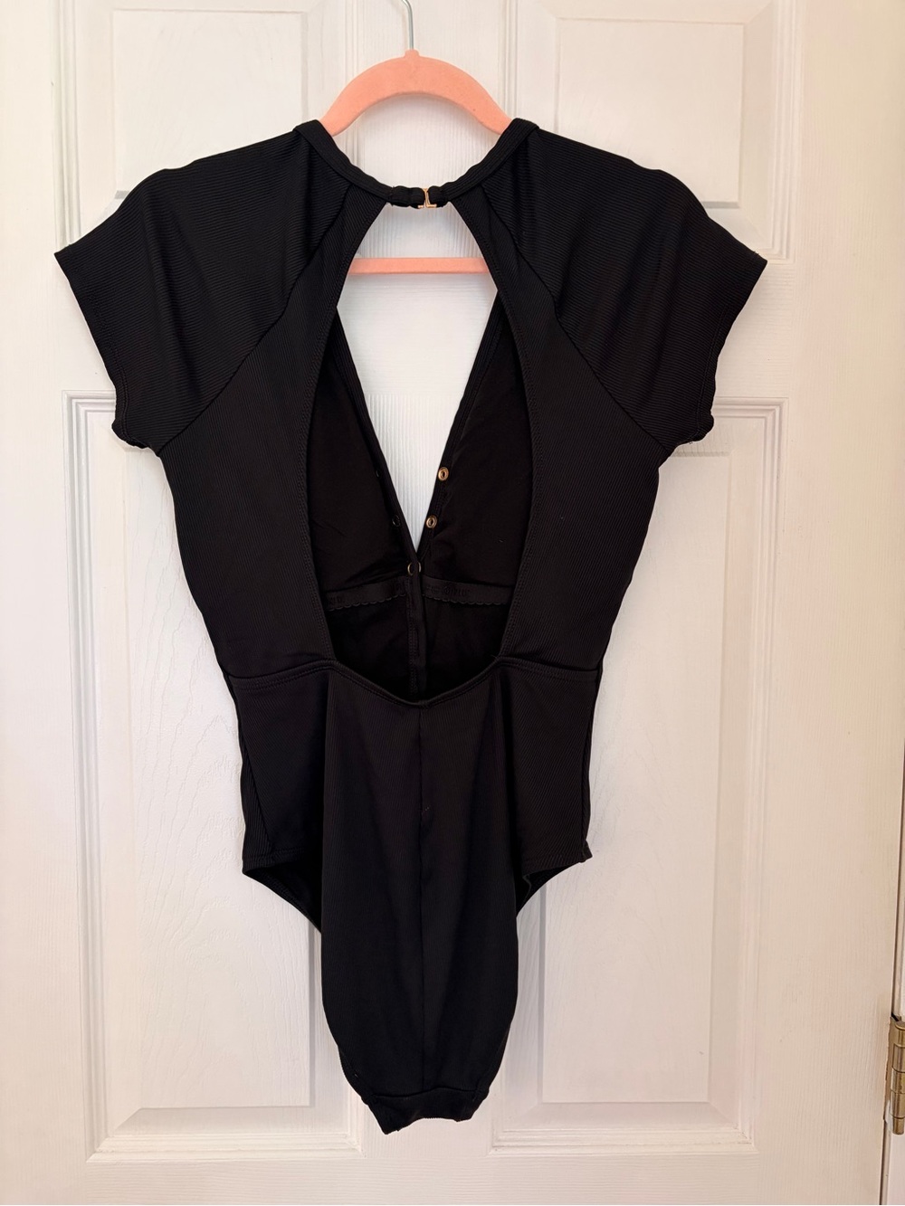 Robin Piccone Amy Rib Snap Front One Piece Swimsuit Black Size 12 Open Back - Picture 3 of 4